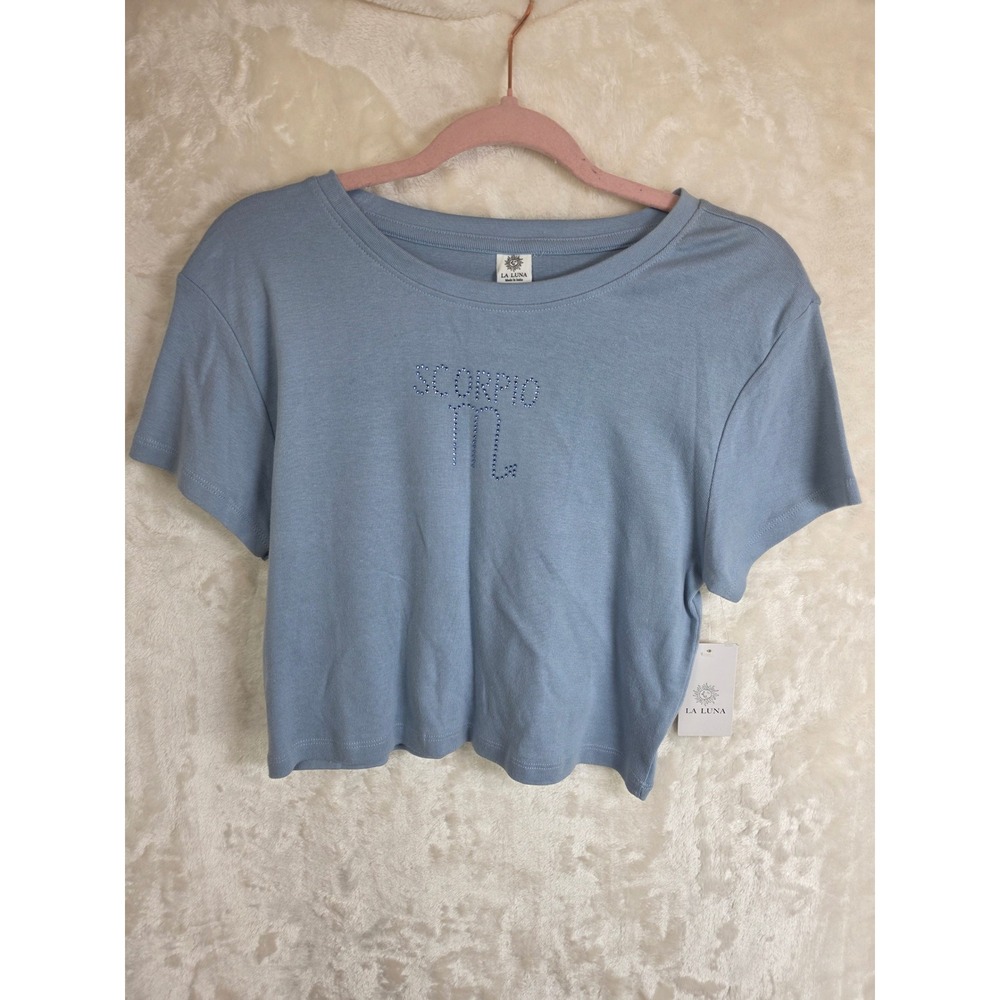 La Luna Scorpio Zodiac Rhinestone Crop‎ Top Blue Cotton Tee A334466800 Womens L